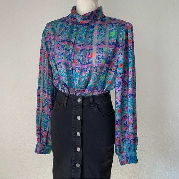 NICOLA AMAZING VINTAGE FLORAL MOCK NECK BUTTON DOWN BALOON SLEEVE BLOUSE TOP - Picture 6 of 16